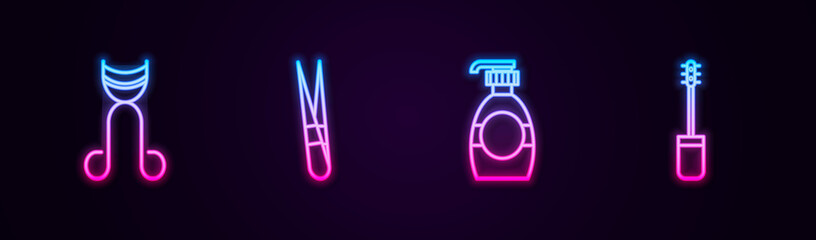 Set line Eyelash curler, Eyebrow tweezers, Bottle of liquid soap and Mascara brush. Glowing neon icon. Vector