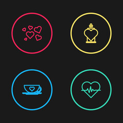Set line Coffee cup and heart, Heart rate, Bottle with love potion and icon. Vector