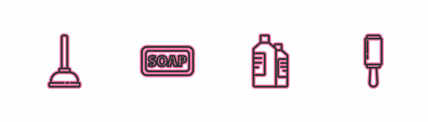 Set line Rubber plunger, Bottles for cleaning agent, Bar of soap and Adhesive roller icon. Vector