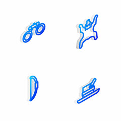 Set Isometric line Bear skin, Binoculars, Bow and Hunter hat with feather icon. Vector