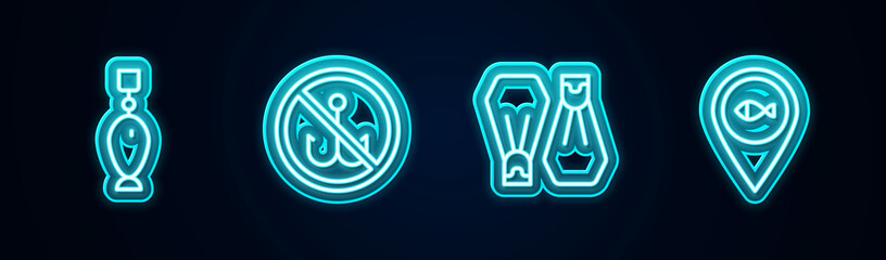 Set line Fishing spoon, No fishing, Rubber flippers for swimming and Location. Glowing neon icon. Vector © vector_v