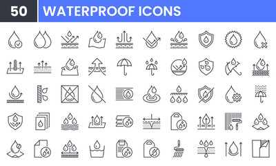 Waterproof vector line icon set. Contains linear outline icons like Water Protection, Water Resistant, Drops, Moisture, Anti Wetting Material, Hydrophobic, Weatherproof, Rain. Editable use and stroke.