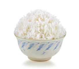 Rice in white cup on white background