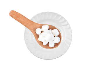Marshmallow isolated in wood spoon on white background