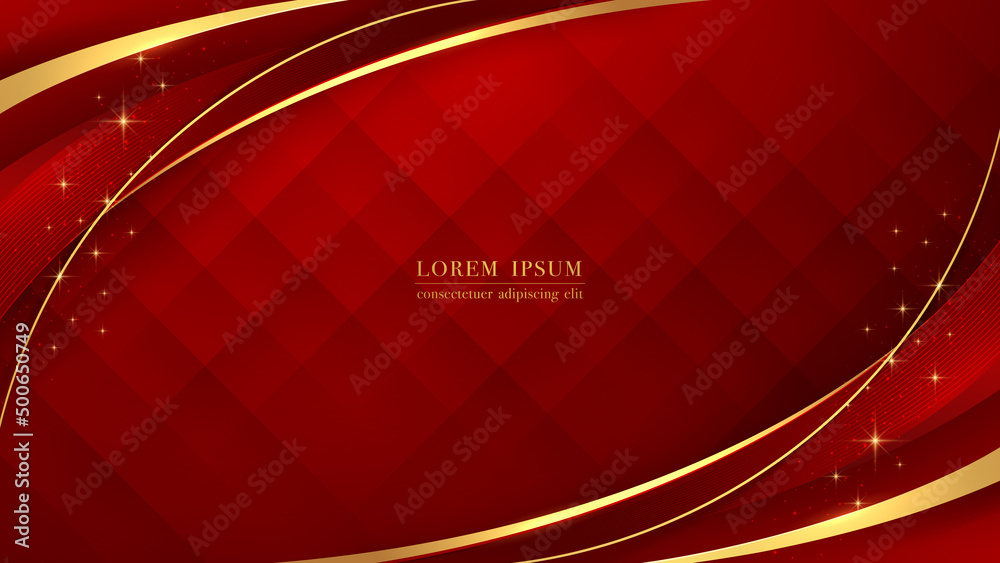 Wall mural luxurious golden curve line with glittering light on red abstract background. vector illustration