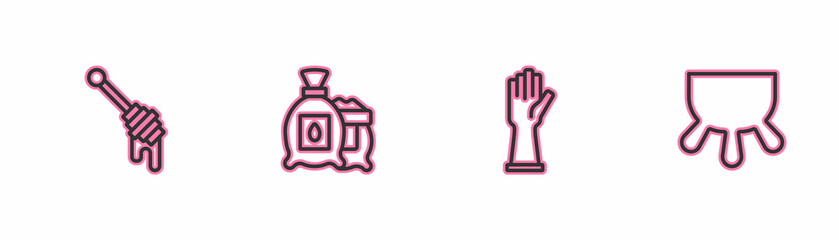 Set line Honey dipper stick, Rubber gloves, Pack full of seeds of plant and Udder icon. Vector