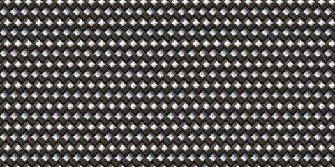 Seamless Steel wicker weave background surface pattern. Tileable realistic luxury woven iron interlocking metal rings texture. A high resolution abstract silver jewelry backdrop 3D rendering.