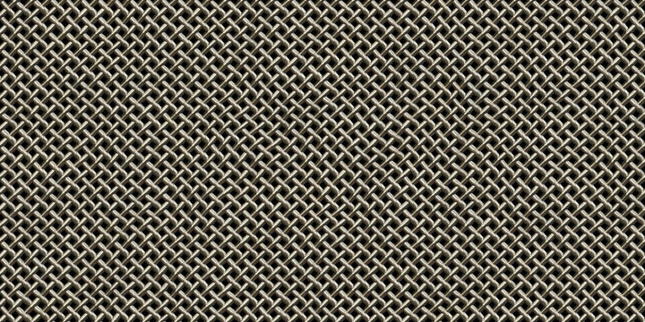 Seamless metal netting or wire mesh background surface pattern. Tileable realistic shiny steel lattice chainmail armor texture. A high resolution abstract silver jewelry backdrop 3D rendering.