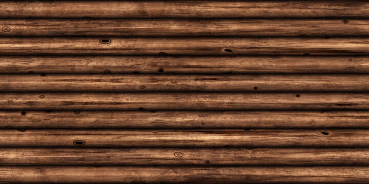 Seamless natural wood log cabin wall background texture. Rustic old grunge brown redwood timber logs tileable repeat surface pattern. A high resolution construction backdrop 3D rendering.