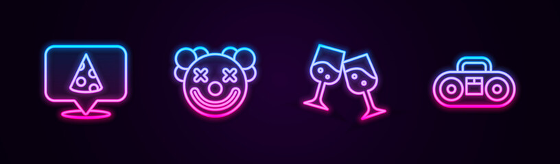 Set line Slice of pizza, Clown head, Glass champagne and Home stereo with two speakers. Glowing neon icon. Vector