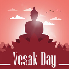 Happy Vesak Day Close up Design with illustration of a Buddha statue on a lotus flower