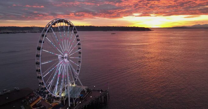 Puget Sound, Seattle, Ferris Wheel, Washington, State, Aerial,