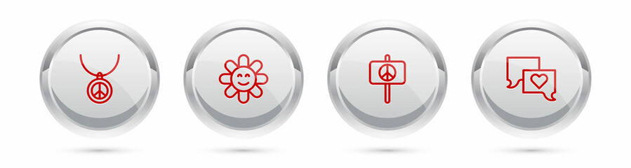 Set line Necklace with peace symbol, Flower, Peace and Speech bubble chat. Silver circle button. Vector