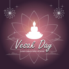 Happy Vesak Day Purple Background with illustration of a Buddha statue on a lotus flower