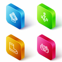 Set Isometric line Aqualung, Anchor, Boots and Photo camera for diver icon. Vector