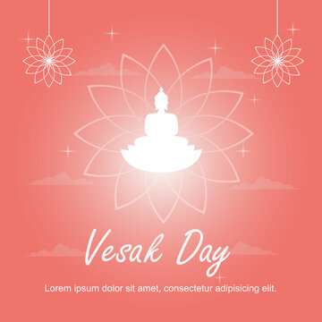 Happy Vesak Day Simple Design with illustration of a Buddha statue on a lotus flower