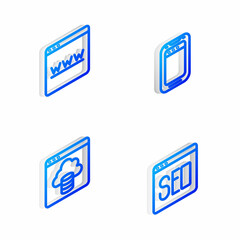 Set Isometric line Mobile phone, Browser window, Cloud technology data transfer and SEO optimization icon. Vector