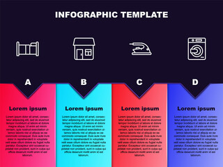 Set line Bed, House, Electric iron and Washer. Business infographic template. Vector