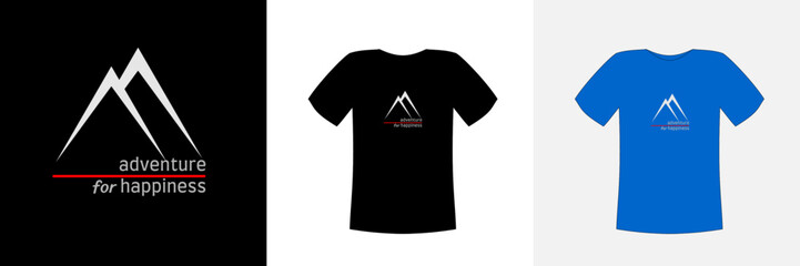 T-shirt design vector, with a white two mountains illustration shape on a dark cloth with the text "adventure for happiness", can be adjusted for different background colors