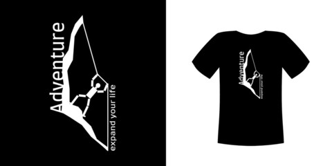 Rock climber figure on dark cloth with the text "adventure expand your life".T-shirt vector design, can be customized for different background colors