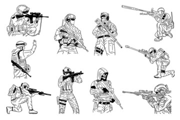 Fototapeta na wymiar Set Mega Collection Army Military Troops Sniper Stop The War Line Art illustration