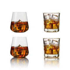 set of whiskey glasses. Collage glasses of whiskey on white background. Banner design