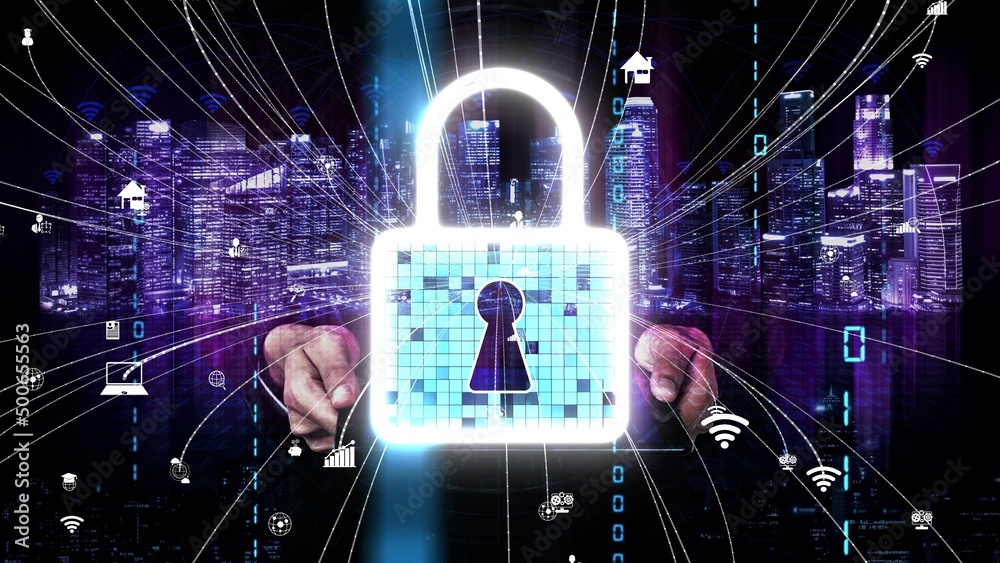 Poster cyber security encryption technology to protect data privacy conceptual . 3d render computer graphic