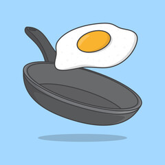 Fried Egg On Frying Pan Cartoon Vector Illustration. Frying Pan With Egg Flat Icon Outline