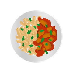 penne pasta with stewed meat sauce parsley on plate top view vector illustration