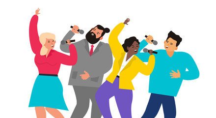 group of multiracial people  singing microphone karaoke party vector illustration