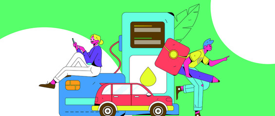 Fototapeta premium Refueling car with credit card vector creative concept illustration 