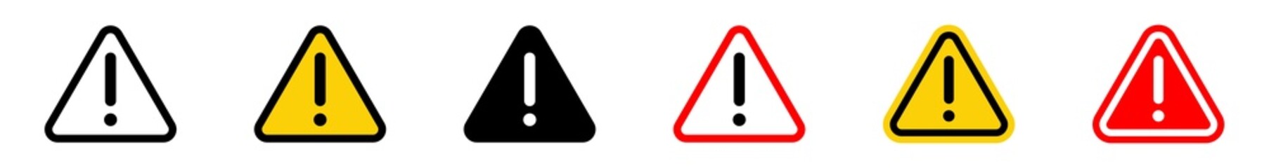 Exclamation mark on triangle sign. Warning icon set. Hazard warning attention sign. Isolated attention symbols on white background. Vector illustration.	