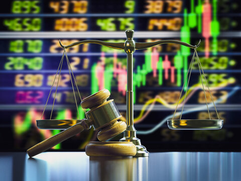 Financial law with law scale and gavel judge on stock market exchange board