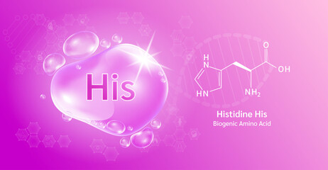 Water drop Important amino acid Histidine His and structural chemical formula. Histidine on a purple background. Medical and scientific concepts. 3D Vector Illustration.