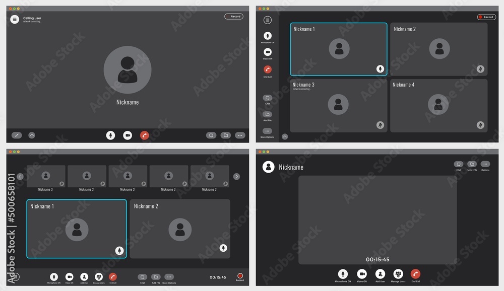 Wall mural videocall interface, video call screen icons and ui template, vector overlay. video conference or vi