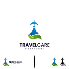 travel care logo design on isolated background, plane with hand logo design concept