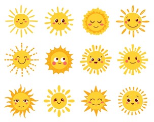 Sun characters, cartoon sunny faces and cute happy summer smiles, vector icon. Sun characters or sunshine, weather, fun emoji of funny hot yellow suns with smile expression and blush shine