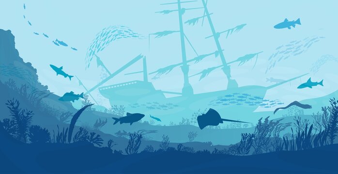 Underwater landscape, sea or ocean undersea with ship wrecks, vector silhouette background. Deep under water or undersea landscape with sunken shipwreck, fishes and seaweed of coral reef