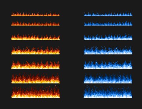 Pixel art fire game animation, blue and red flames effect for vector 8 bit background. Cartoon pixel art firewall or bonfire burn, animated fireball blaze of burning wildfire for 8bit animation