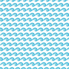 Waves pattern, sea water ripples and ocean wavy tide curls, vector seamless background. Blue waves or curly stripes and spiral sea water ripples or ocean tidal scallops pattern on white background