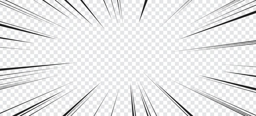 Manga transparent comic explosion, motion or movement effect, vector background. Manga anime cartoon radial speed lines and abstract pattern for comic book burst, flash ray or explode bang action - 500658717