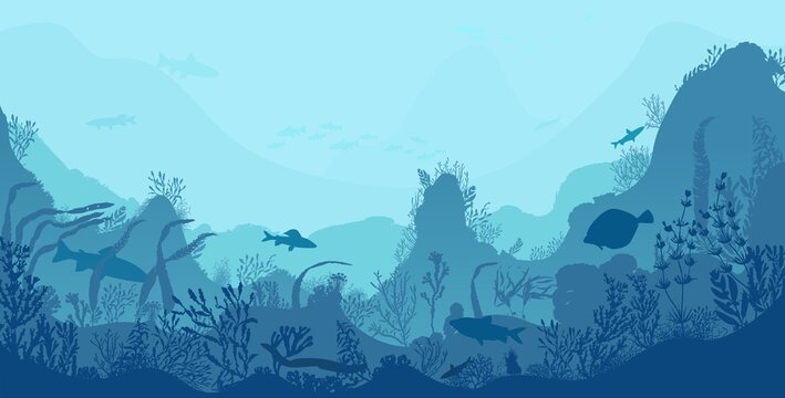 Underwater landscape, sea or ocean undersea deep waters, vector cartoon background. Under sea or ocean bottom and coral reef underwater landscape, marine blue scene with fish and seaweed silhouette