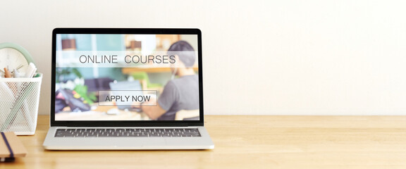 Online study class, e learning web banner on laptop screen background
