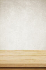 Vertical brown wood table and brown cement wall background in kitchen, Wooden shelf, counter for food and product display in room background, Wood table top, desk surface banner, mockup, template