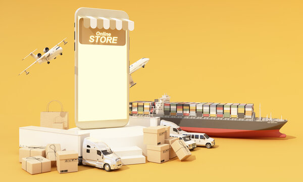 international transport shipping concept with phone  screen surrounded by cardboard boxes, a cargo container ship, a flying plane, a van and a truck isolated on yellow background 3D rendering