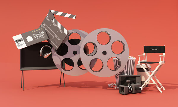 concept film producer This includes the director's chair, film reels, monitors, cinematographers, movie tickets and filmmaking equipment, and a discrete clapperboard on background. 3d render