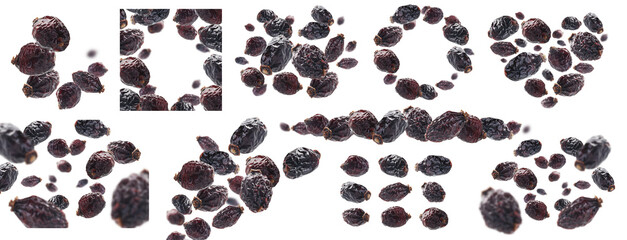 Fototapeta premium A set of photos. Dried rosehip berries levitate on a white background