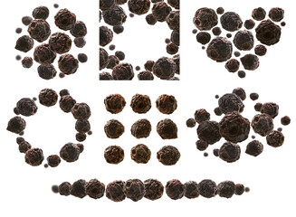A set of photos. Dried hawthorn berries levitate on a white background