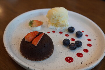 chocolate lava with ice cream and berries