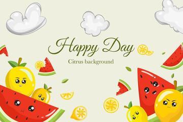 cute citrus watermelon cartoon illustration template background card